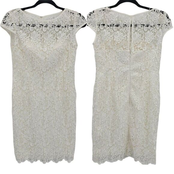 Adrianna Papell Dress Bridal White Lace Sweetheart Illusion Cap Sheath Sz 4P - Picture 1 of 11